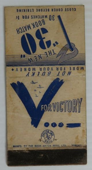 Vintage Wwii V For Victory 30 Matches Matchbook Cover (inv23997)
