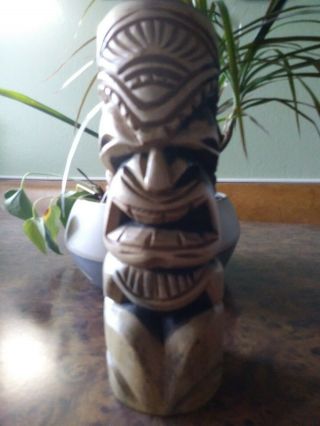 Vintage Hawaiian Tiki Large Wood Hand Carved 9 3/4 ".  Signed