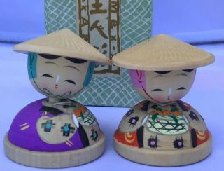 Set 2 Vintage Japanese Wooden Kokeshi Dolls Kimono 1950 - 60’s Box 28 2 1/2”
