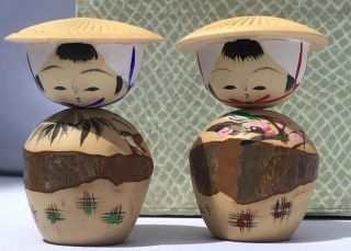 2 Vintage Japanese Wooden Kokeshi Dolls Park Story Pictures 1950 - 60’s Box 27