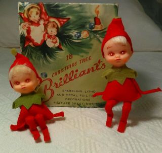 2 Vintage Pixie Elves Ornaments Wire Body Felt & Christmas Tree Brilliants Box