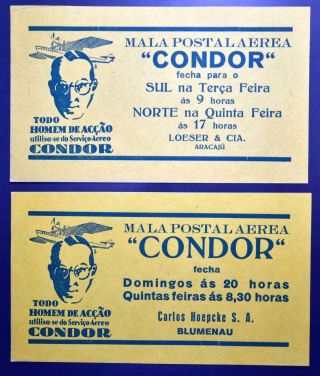 Brazil 1930s,  $$$,  Rare Syndicato Condor 2 Diff Air Post Bag Labels,  Ex Nutley