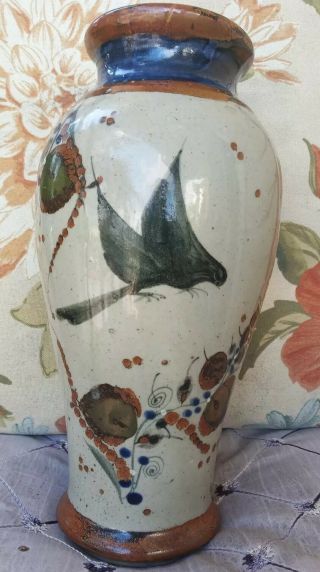 Tonala Mexican Pottery Vase Glazed Signed Floral Bird Earth Tone Folk Art Vase