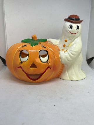 Vintage 1986 Geo Lefton Halloween Candle Holder Ghost Pumpkin 05646