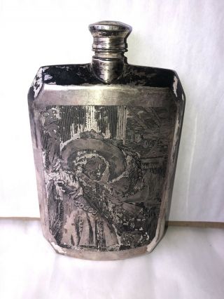 Rare Antique Flask Silver Plated W / Cap Pirate Motif Silvercraft