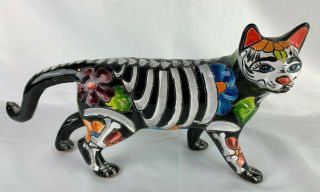 15 " Cat Gato Animal Figurine Candy Skull Day Of The Dead Mexican Talavera Folk