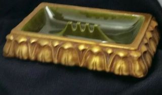 Vintage Mid - Century Avocado Green Ceramic Glazed Ornate Gold Leaf Ashtray