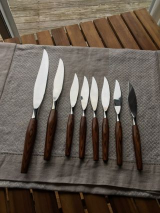 Mid Century Mode Danish Steak Knives Sheffield England Set Of 8 Wood Stainless