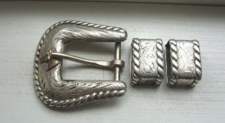 Vintage Sterling Silver Rope Edge Western Belt Buckle & 2 Keepers 30.  8 Grams
