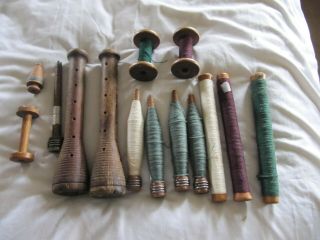 14 Vintage Wood Spools Bobbin Thread Spindle Sewing Factory Primitive