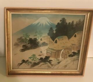 Vintage Asian Japanese Silk Painting Wall Art Framed Mt Fuji Artist Signed