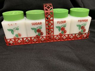 Vtg Tipp City Usa Milk Glass Cherries Range Set,  Salt,  Pepper,  Flour,  Sugar Shakers