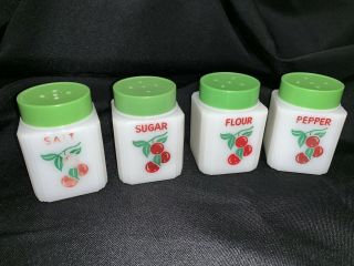 VTG Tipp City USA Milk Glass Cherries Range Set,  Salt,  Pepper,  Flour,  Sugar Shakers 4