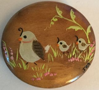 Quail Bird Babies Painted Wood Studio Picture Button Signed Jan Large