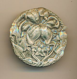 Raku Pottery Button,  Flower & Vine,  Back Mark 
