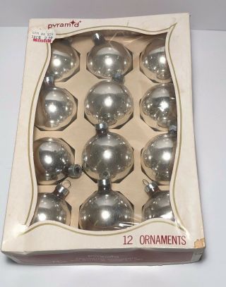 Vintage Pyramid Box Of 12 Small Sliver Christmas Glass Ball Ornaments