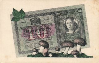 Vintage Austria 10 Kronen Banknote Horseshoe Lucky Clovers Postcard -