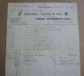 Old 1884 Harned Jacob & Co.  - Coal Billhead - Old Colony Railroad - Philadelphia