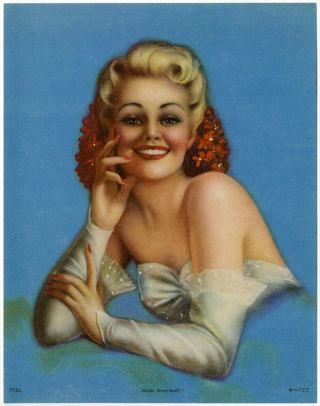 Gorgeous Smiling Blonde Glamour Girl Vintage 1940s Pin Up Print Hello,  Everybody