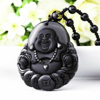100 Natural Obsidian Carved Matte Money Lucky Buddha Pendant Crystal Necklace