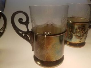 Antique Podstakannik Silver Tea Glasses & Holders Draped Wreath Marked W.  U.  G. 2