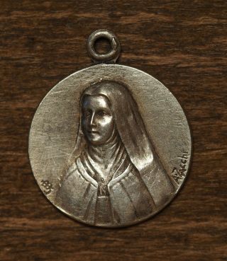 Antique Religious Silvered Medal Pendant Saint Therese Of Lisiueux