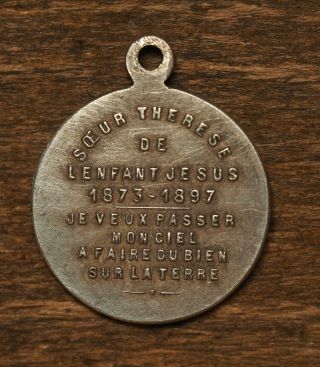 Antique religious silvered medal pendant Saint Therese of Lisiueux 2