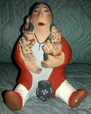 Native American Indian Storyteller Pottery Clay Figurine Signed Nickett/feather