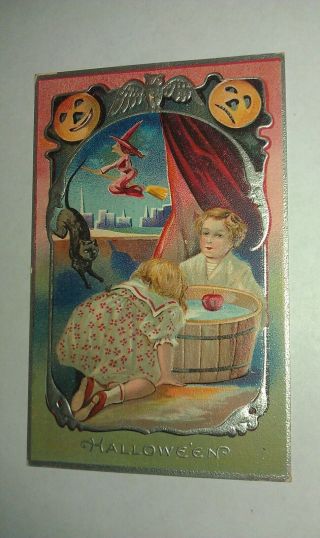 Halloween Kids Bob Apple Black Cat Witch Broom Pumpkins Embossed Post Card Ser 5