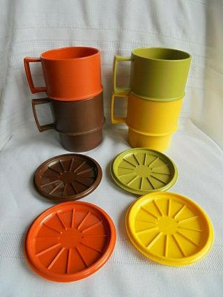 4 Vintage Tupperware Stackable Mugs Coffee Cups W/ Coaster Lids Harvest Colors