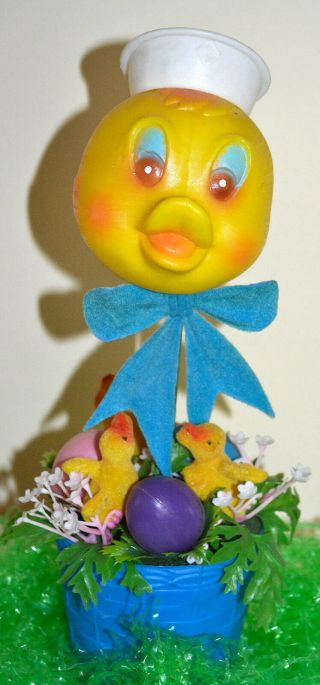 Vintage Easter Decoration,  Blow Mold Duck,  Duckling,  Eggs,  Soft Plastic Flowers