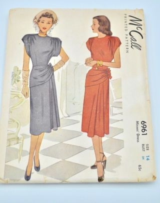 Vintage Mccall Sewing Pattern 40s 50s One Piece Day Dress 6961 Sz 14 Misses