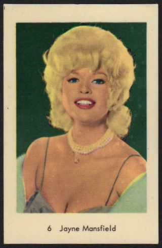 Jayne Mansfield - 1964 Vintage Swedish Numbered Set 1 Movie Star Gum Card 6