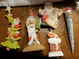 5 Hand Carved & Painted Wood Santa Ornaments Made By Neil Davis