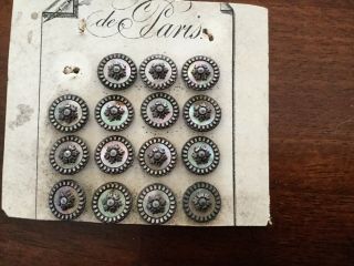 15 Vintage De Paris Metal Over Pearl Buttons On Card