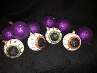 10 Halloween Glitter Eyeball And Purple Ornaments 2 - 1/4 Inches