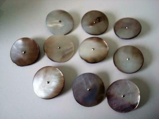 10 Vintage Gray Mother Of Pearl Mop Shell Buttons Metal Studs Shanks 1 3/8 In.