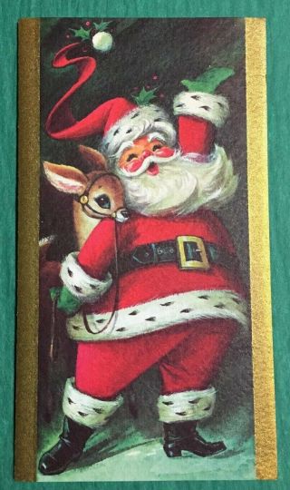 Santa W/ Reindeer Vintage Mid Century Buzza Cardozo Christmas Card