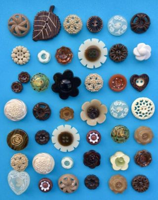 43 Vintage Chocolate & Cream Plastic Buttons,  Mostly Floral,  11mm To 38mm