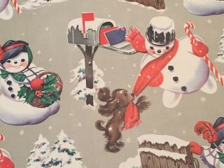 Vtg Christmas Wrapping Paper Gift Wrap 1940s Snowmen Mailboxes Puppy Cute Nos