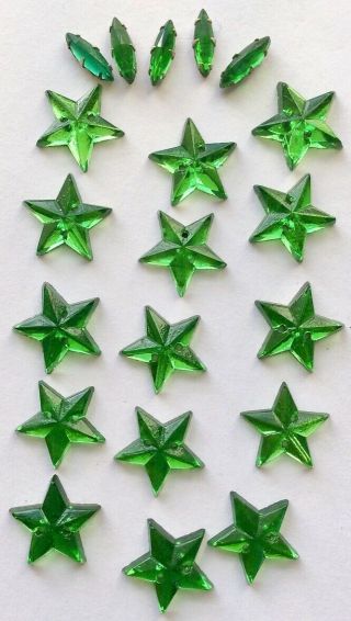 20 Vintage Gilt Backed Transparent Green Star & Oval Shaped Buttons,  15mm & 11mm