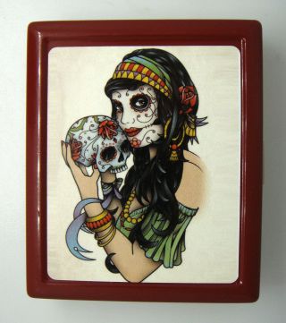 Skull D1 Red Cigarette Case Card Holder Day Of The Dead Candy Sugar Skull