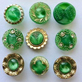 9 Vintage Green Moonglow Glass Buttons,  15mm To 19mm