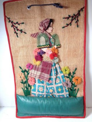 Vintage Fabric Lady Pincushion Wall Hanging Collage Of Vintage Fabrics And Yarns