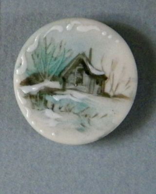 Bb Winter Cottage Handpainted Bisque Porcelain Button Henderson Studio