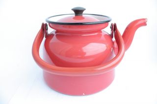 Vintage Mid Century Swedish Red Enamel Tea Pot Kockums 1.  5 L (50 Fl Oz)