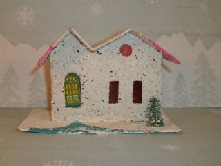 Vintage Christmas Paper Putz House White & Pink Made In Japan C601