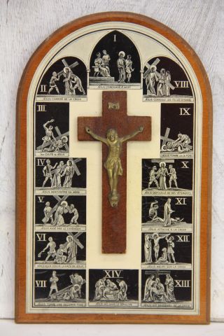 Vintage Jesus Crucifix 14 Stations Of The Cross Plaque 1942 Wood Sign Religious