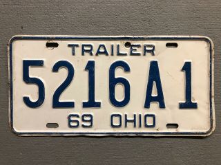 Vintage 1969 Ohio License Plate Blue/white 5216a1 Trailer