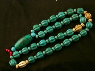 24 " Exquisite Tibetan Turquoise Carved Beads Necklace W/large Bead Pendant X004